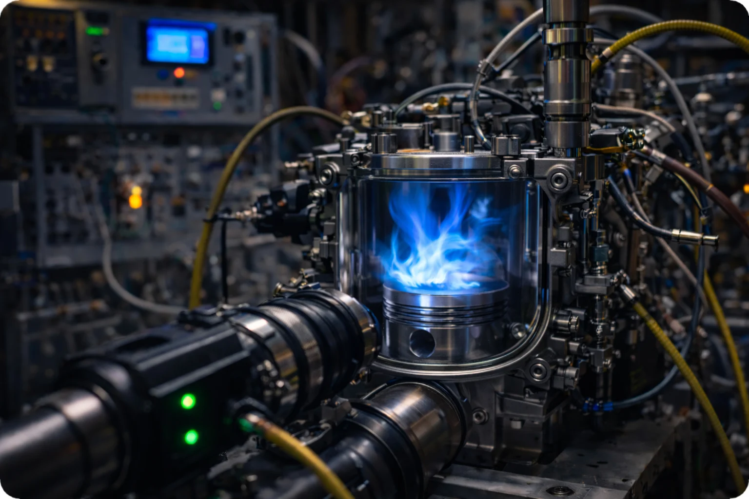 Optically accessible cylinder with blue flame